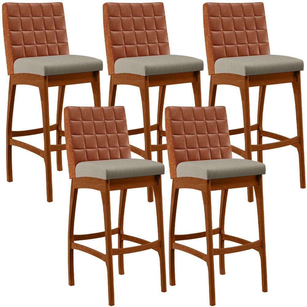 Kit 05 Banquetas Altas Cozinha Sala De Jantar Fixa Mila B04 Couríssimo Camel Linho Bege - Lyam Decor