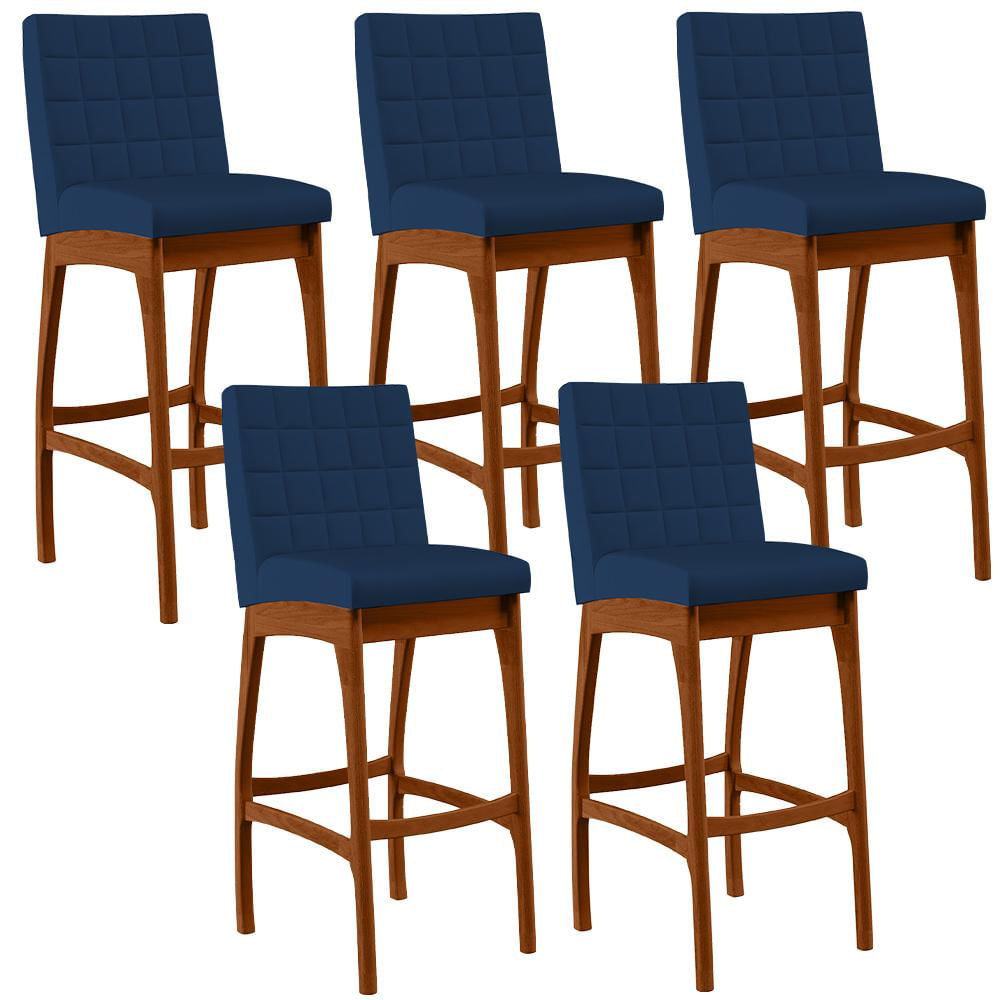 Kit 05 Banquetas Altas Para Cozinha Sala de Jantar Fixa Mila B04 Suede Azul Marinho - Lyam Decor