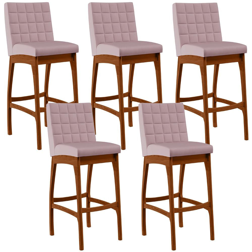 Kit 05 Banquetas Altas Para Cozinha Sala de Jantar Fixa Mila B04 Suede Rosê - Lyam Decor