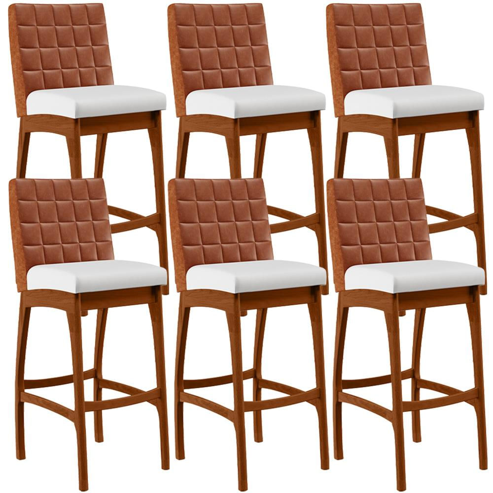Kit 06 Banquetas Altas Cozinha Sala Jantar Fixa Mila B04 Couríssimo Camel Corano Branco - Lyam Decor
