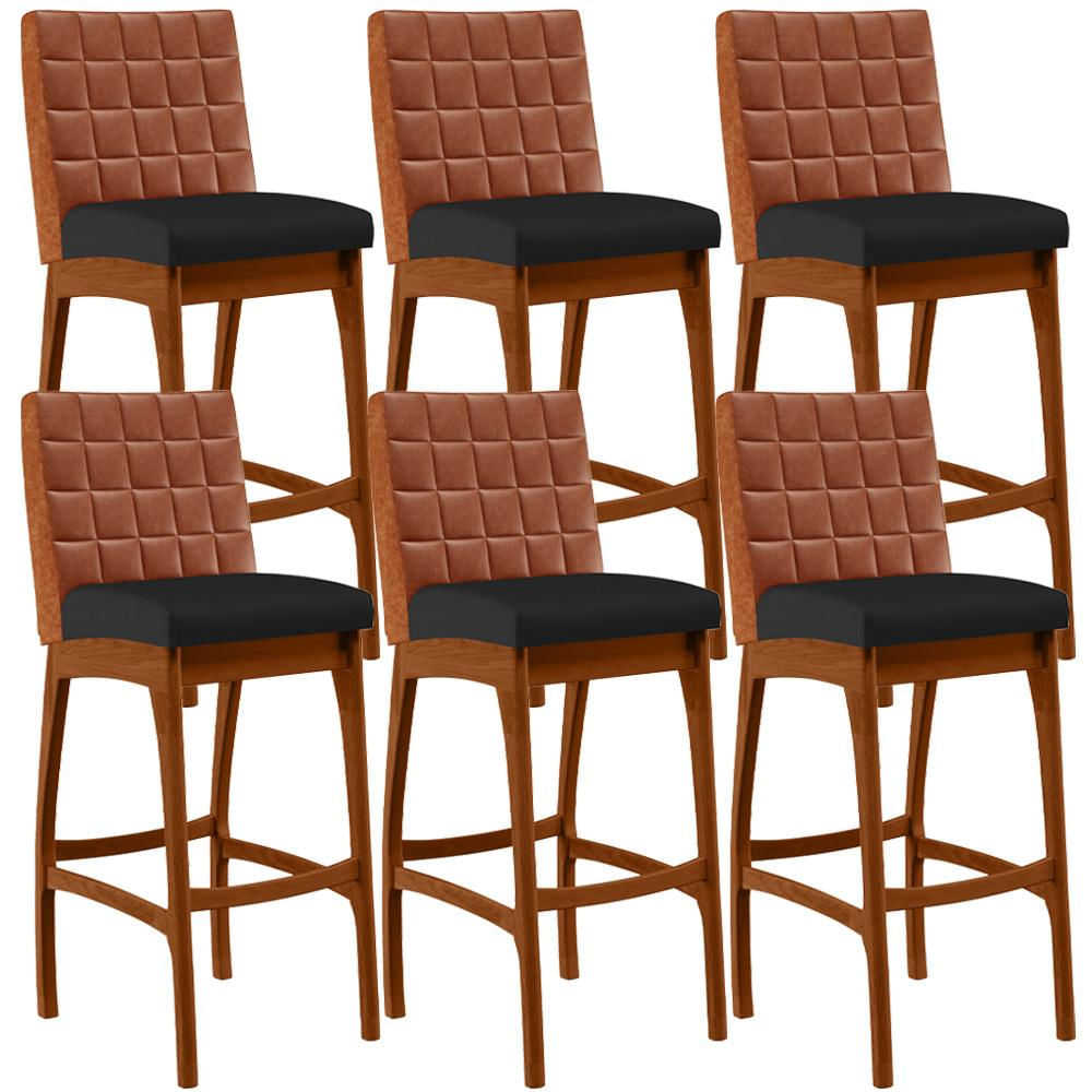Kit 06 Banquetas Altas Cozinha Sala Jantar Fixa Mila B04 Couríssimo Camel Corano Preto - Lyam Decor
