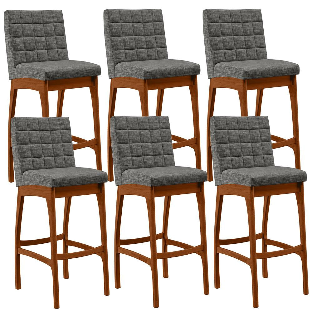 Kit 06 Banquetas Altas Para Cozinha Sala de Jantar Fixa Mila B04 Linho Cinza Escuro - Lyam Decor