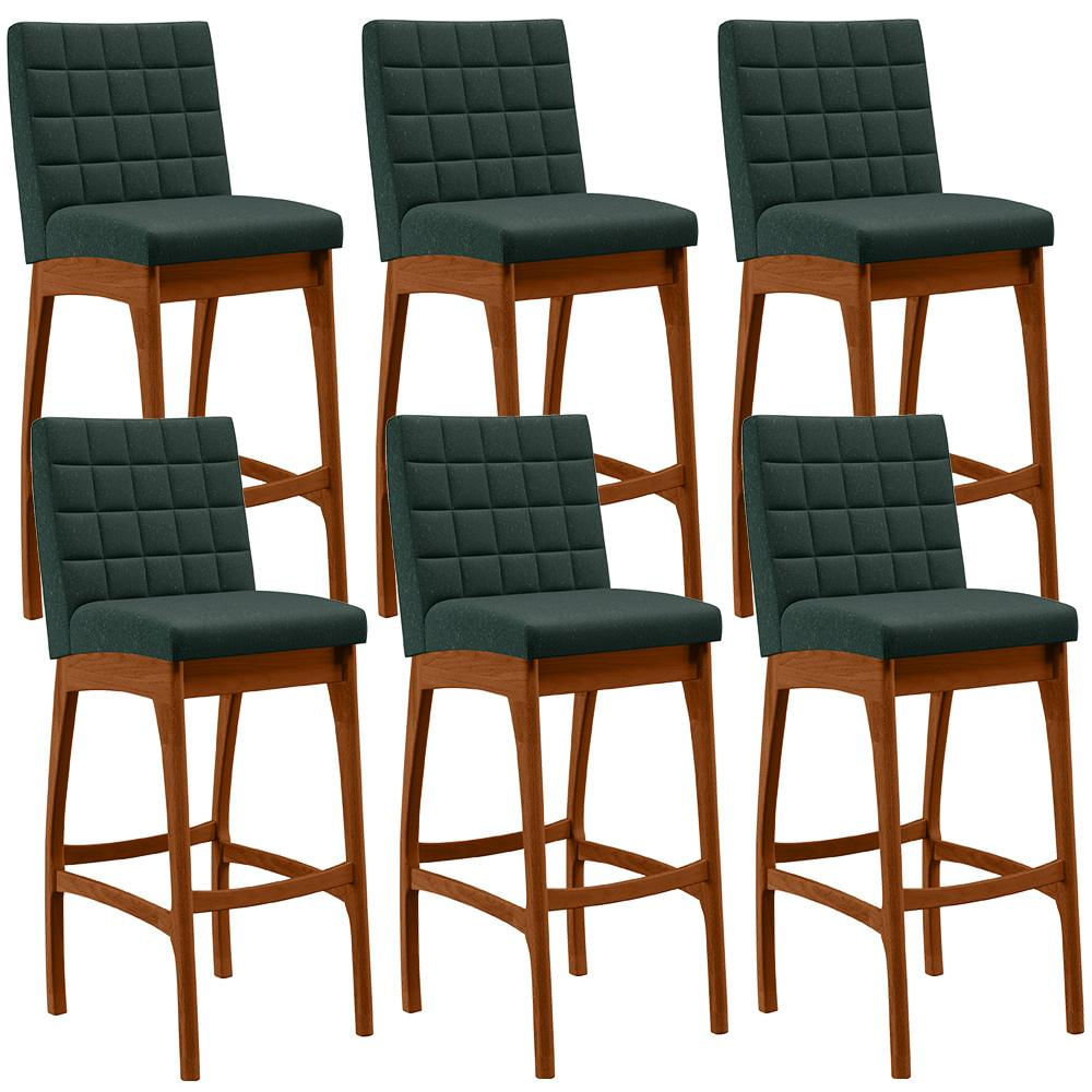 Kit 06 Banquetas Altas Para Cozinha Sala de Jantar Fixa Mila B04 Linho Verde Musgo - Lyam Decor