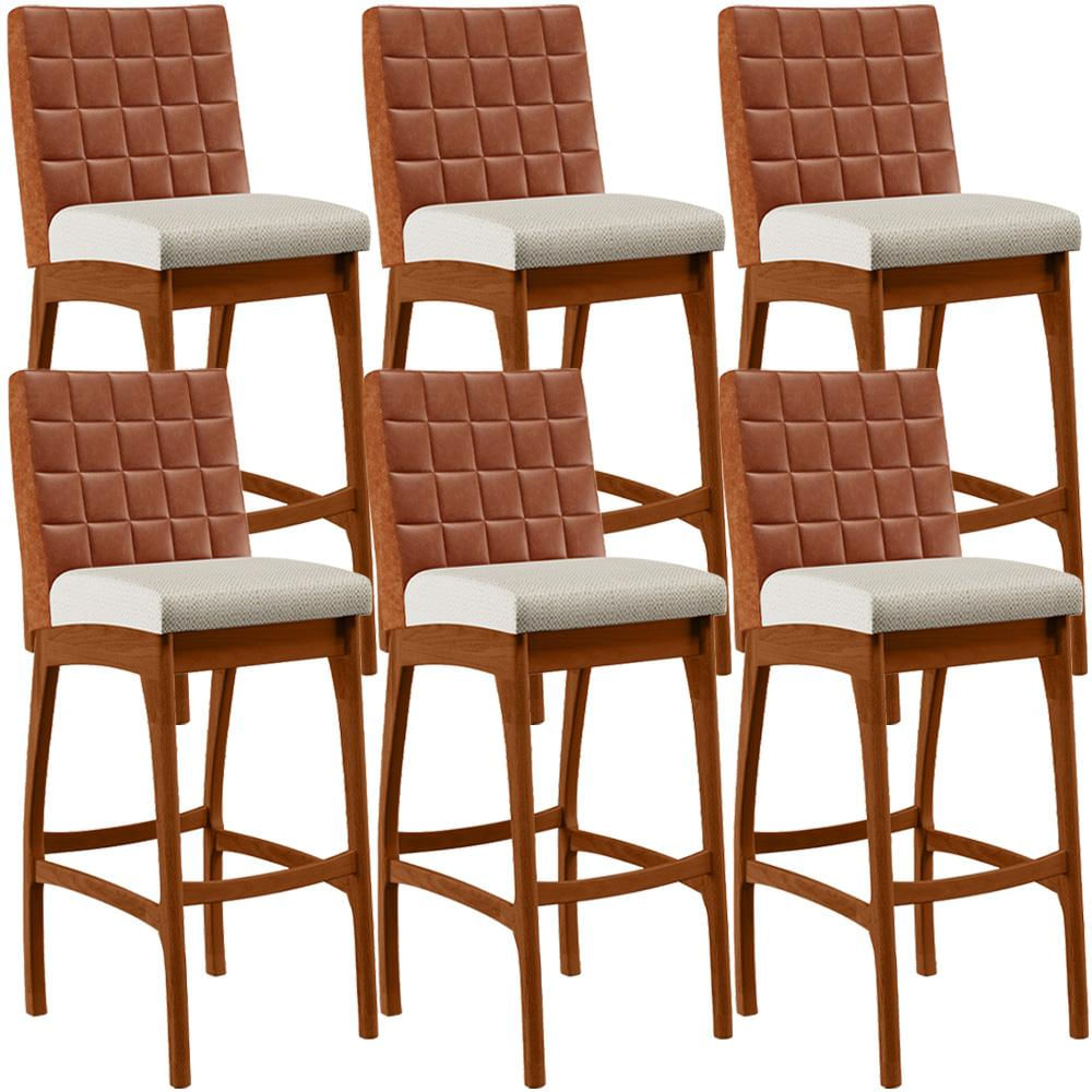 Kit 06 Banquetas Altas Sala De Jantar Fixa Mila B04 Couríssimo Camel Linho Champagne - Lyam Decor