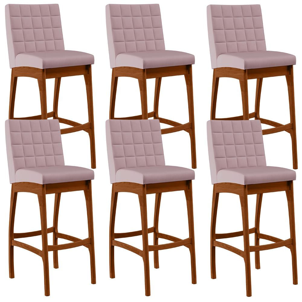 Kit 06 Banquetas Altas Para Cozinha Sala de Jantar Fixa Mila B04 Suede Rosê - Lyam Decor