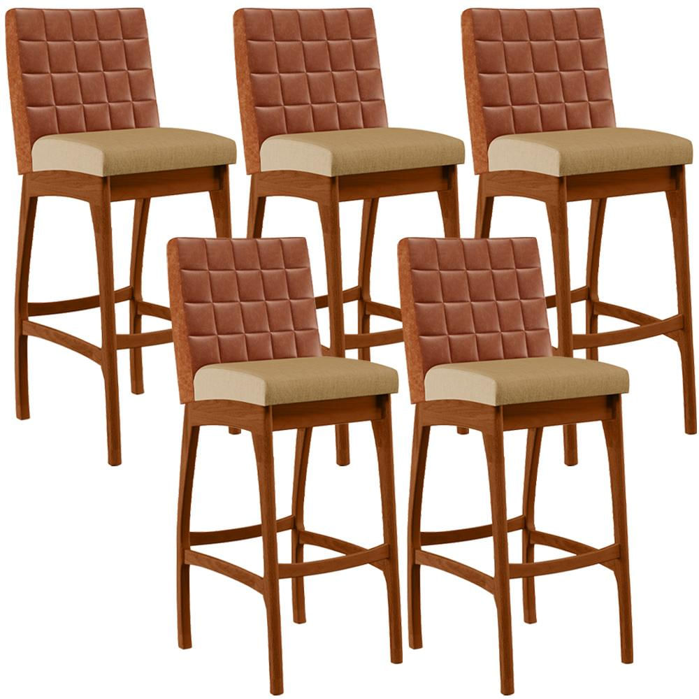 Kit 05 Banquetas Altas Sala De Jantar Fixa Mila B04 Couríssimo Camel Linho Bege Escuro - Lyam Decor