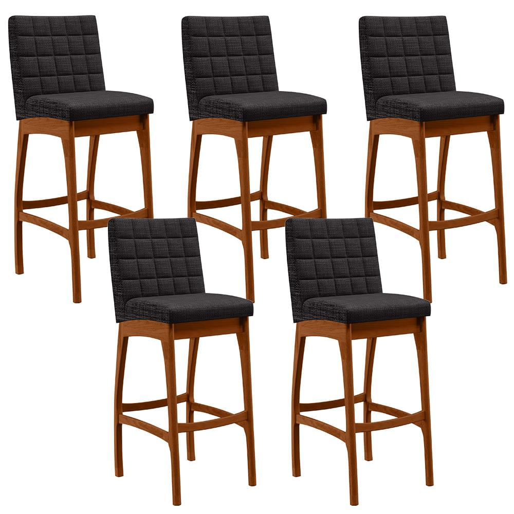 Kit 05 Banquetas Altas Para Cozinha Sala de Jantar Fixa Mila B04 Linho Chumbo - Lyam Decor