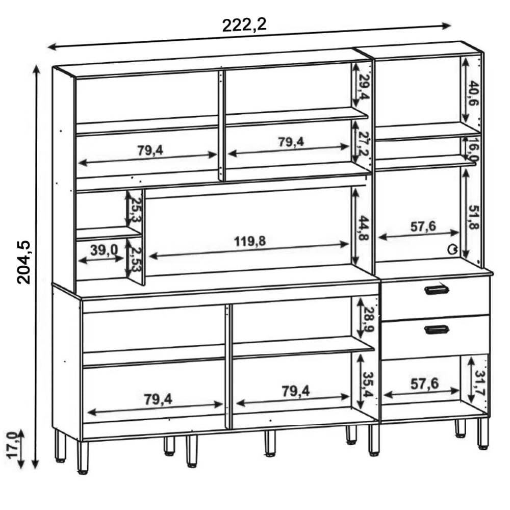 Armário de Cozinha Compacta 222cm Intensa K02 Freijó/Supremo - Mpozenato