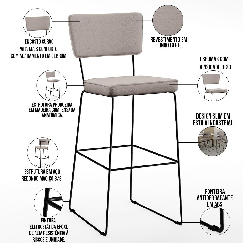 Banqueta Alta Para Cozinha Sala De Jantar Base em Aço Fixa Allana L02 Linho Bege - Lyam Decor