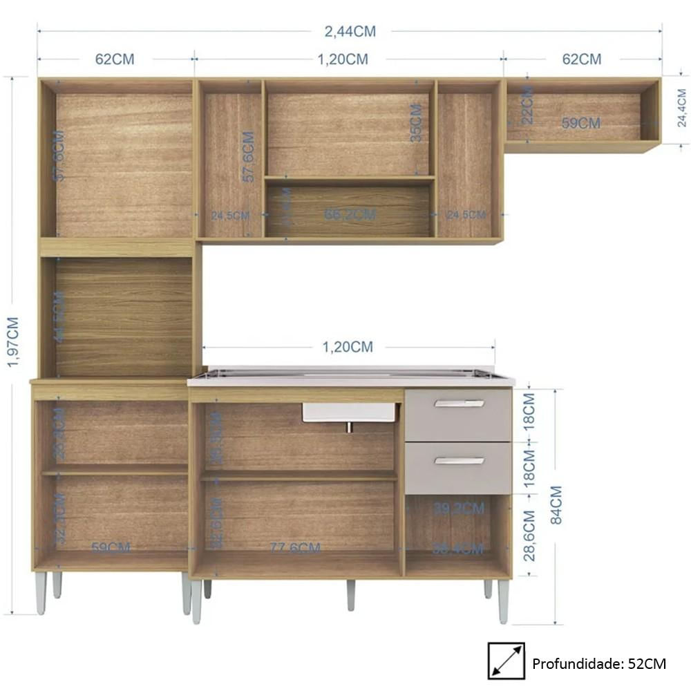 Armário de Cozinha Compacta e Balcão para Pia sem Tampo 244cm Livy P11 Damasco/Off White - Mpozenato