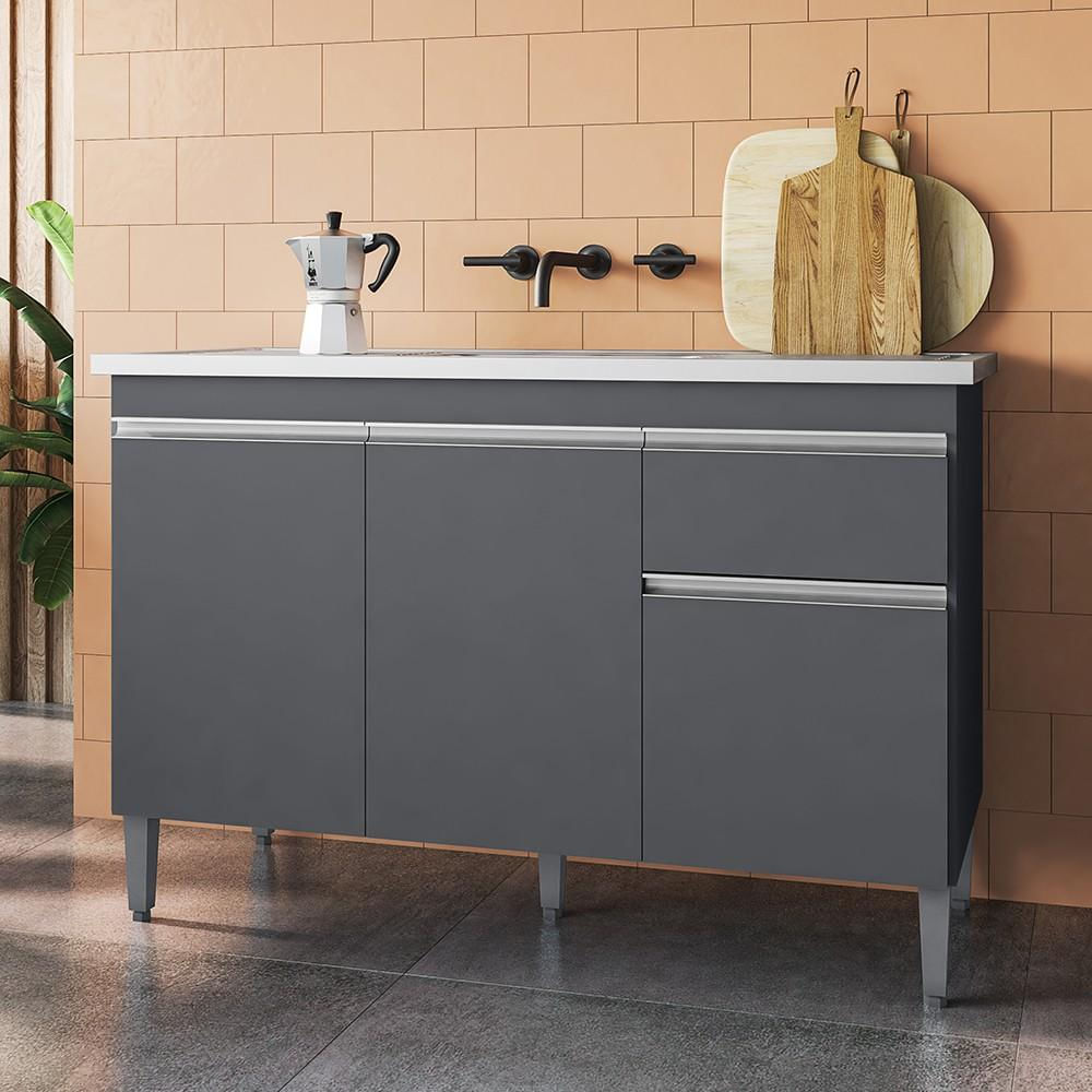 Balcão Gabinete Com Pia Inox 120cm 3 Portas e 1 Gaveta Tatiane Cinza - AJL Móveis