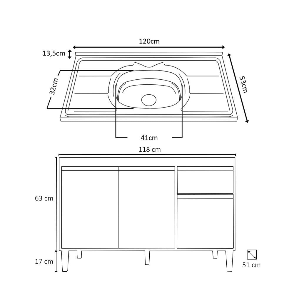 Balcão Gabinete Com Pia Inox 120cm 3 Portas e 1 Gaveta Tatiane Cinza - AJL Móveis