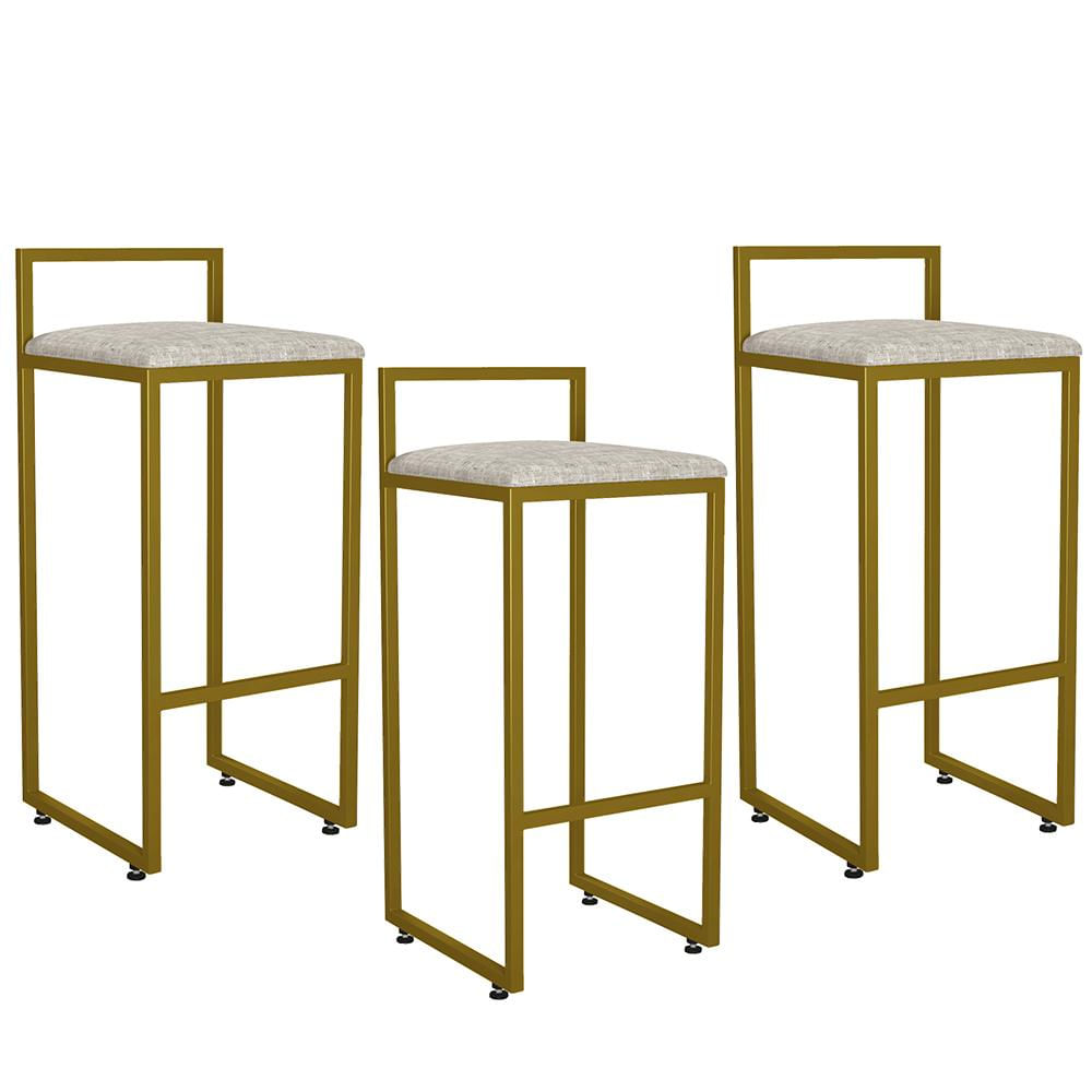 Kit 03 Banquetas Alta Para Cozinha Sala De Jantar Hanna L02 Dourado Linho Bege - Lyam Decor