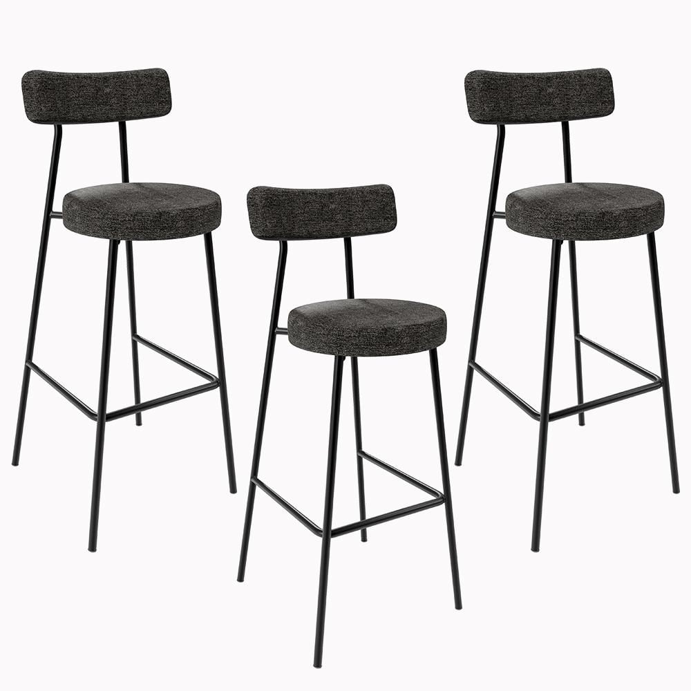 Kit 03 Banquetas Altas Cozinha Sala De Jantar Estrutura Em Aço Milão F01 Linho Chumbo - Lyam Decor