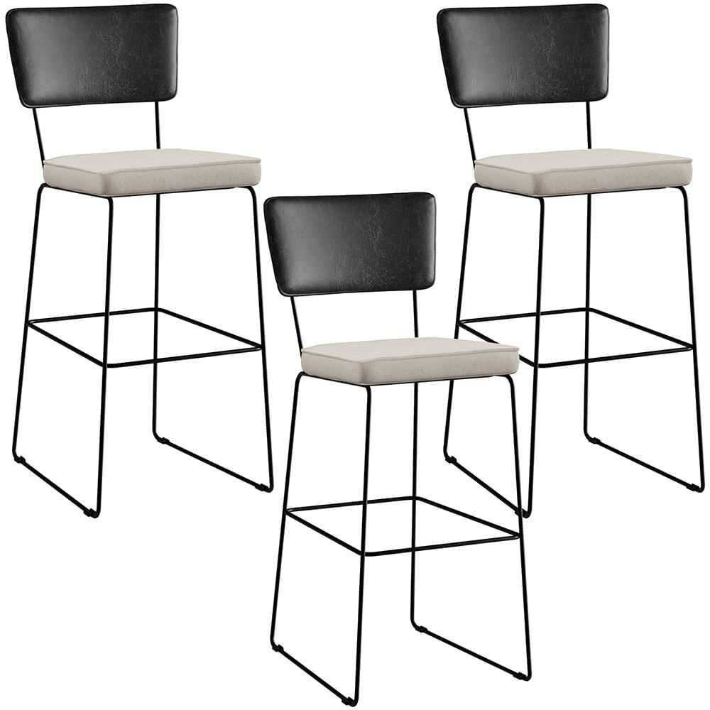 Kit 03 Banquetas Altas Cozinha Sala Jantar Fixa Allana L02 Couríssimo Preto Linho Cru - Lyam Decor