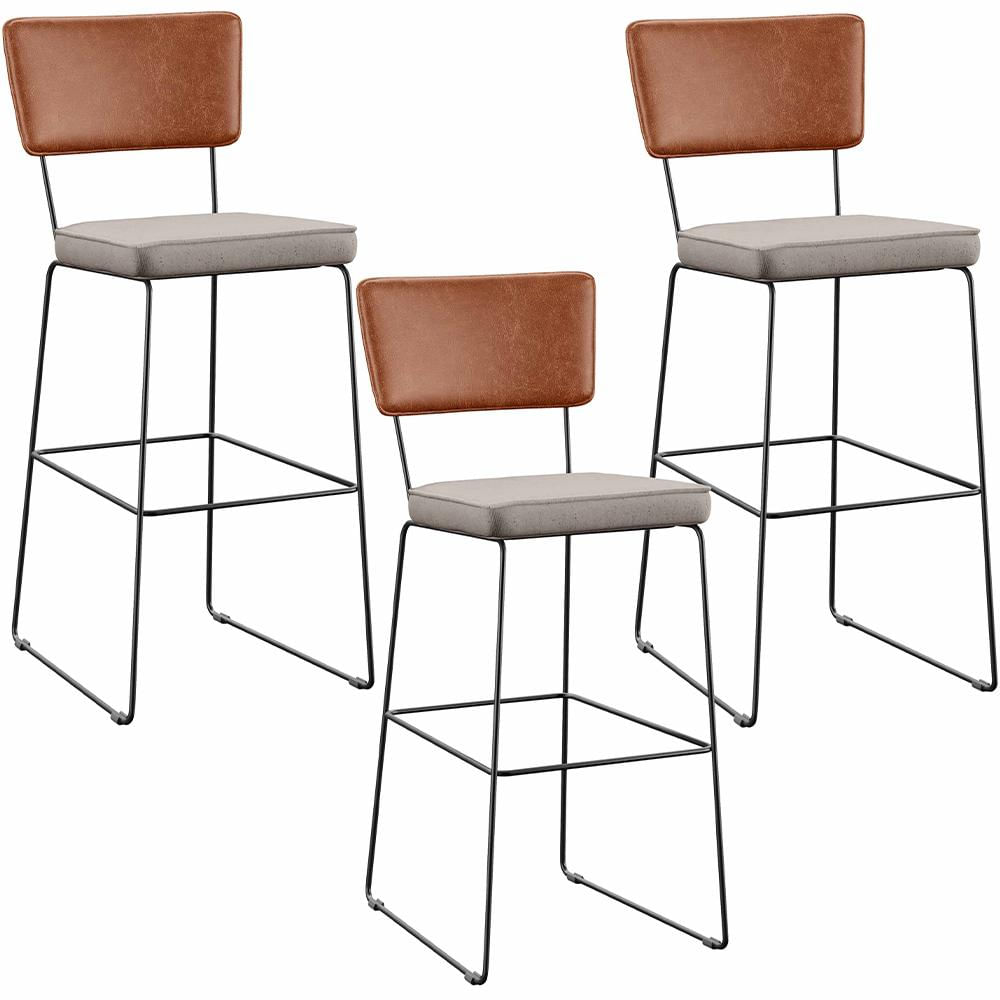 Kit 03 Banquetas Altas Cozinha Sala Jantar Fixa Allana L02 Couríssimo Camel Linho Bege - Lyam Decor