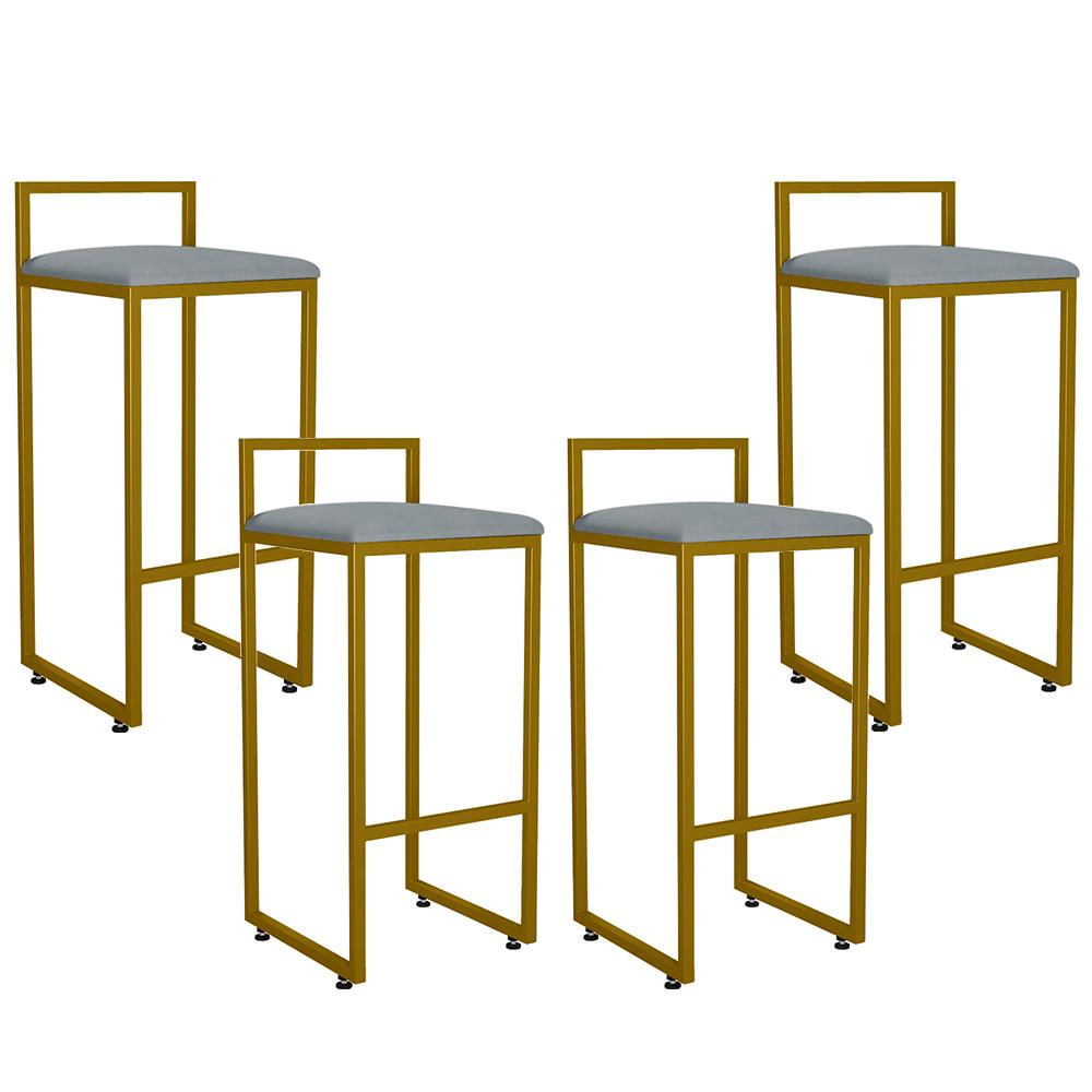 Kit 04 Banquetas Altas Para Cozinha Sala De Jantar Hanna L02 Dourado Suede Cinza - Lyam Decor