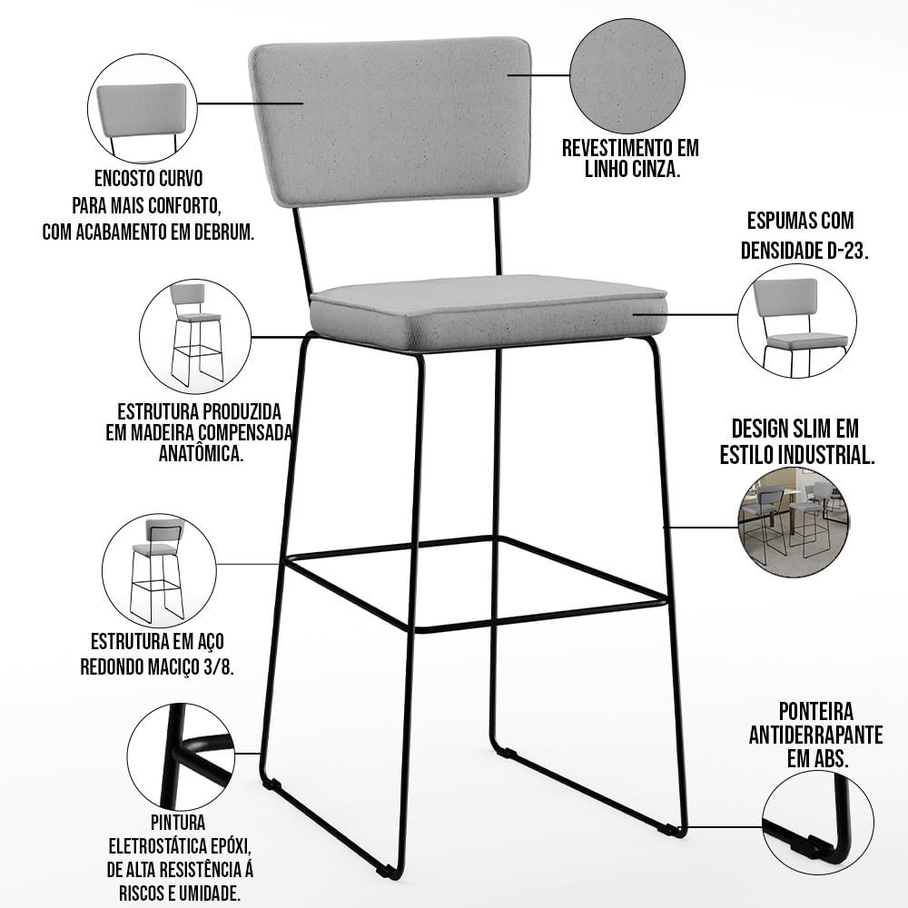 Kit 06 Banquetas Alta Para Cozinha Sala De Jantar Base Aço Fixa Allana L02 Linho Cinza - Lyam Decor