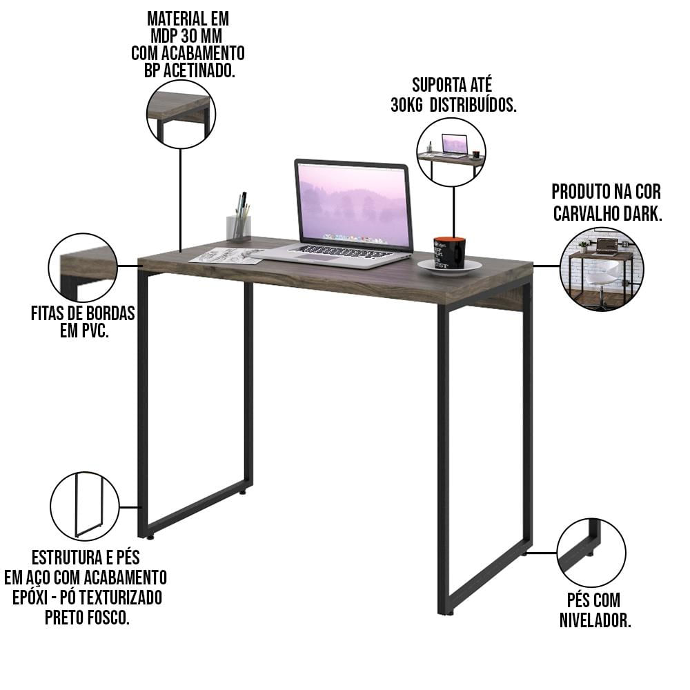 Kit 02 Mesas Para Escritório e Home Office Industrial Aspen 90 cm C01 Carvalho Dark - Lyam Decor