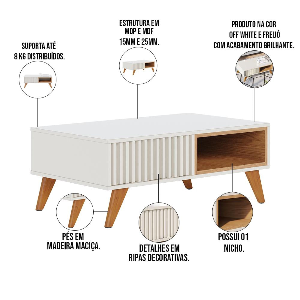 Mesa De Centro Para Sala De Estar 01 Nicho Delta C04 Freijó Off White - Lyam Decor