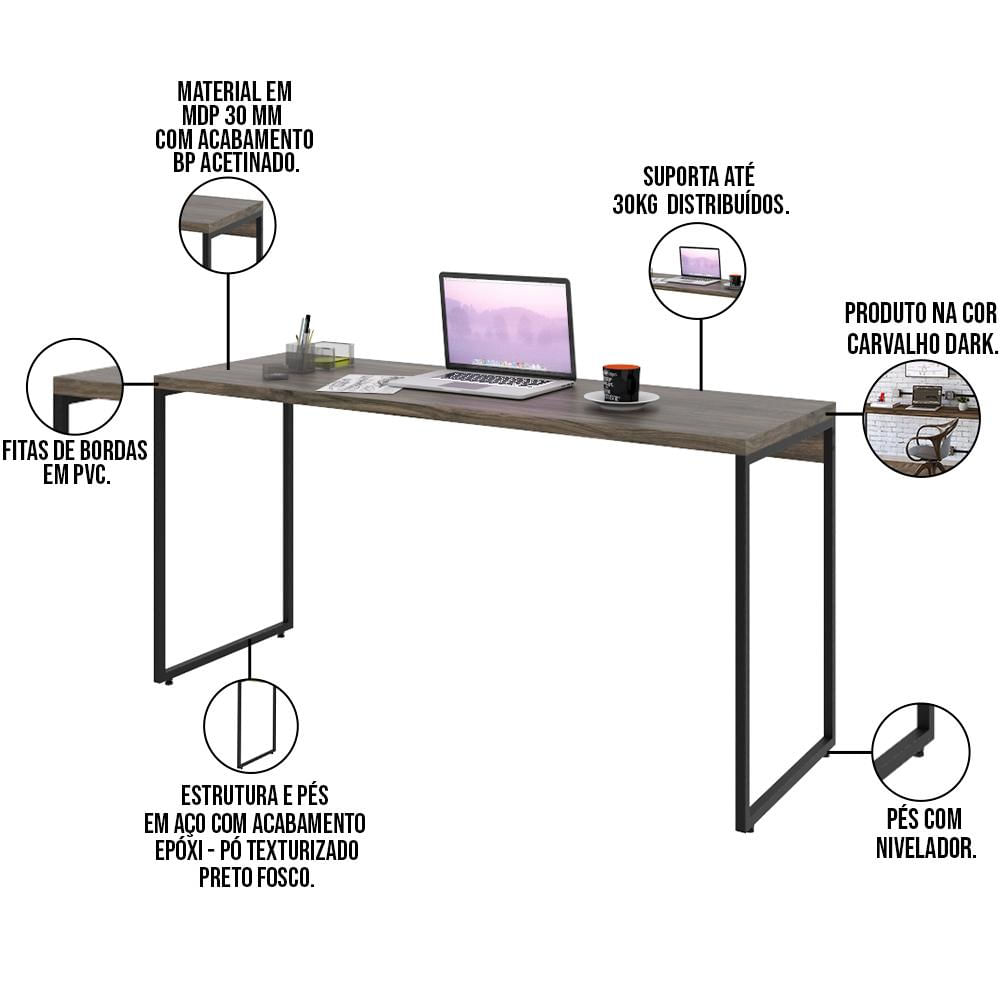 Mesa Para Escritório e Home Office Industrial Aspen 150 cm C01 Carvalho Dark - Lyam Decor