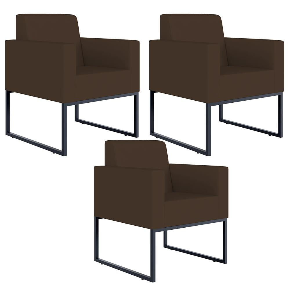 Kit 03 Poltronas Decorativas Sala e Recepção Base Fixa de Metal Helô L02 Suede Marrom - Lyam Decor