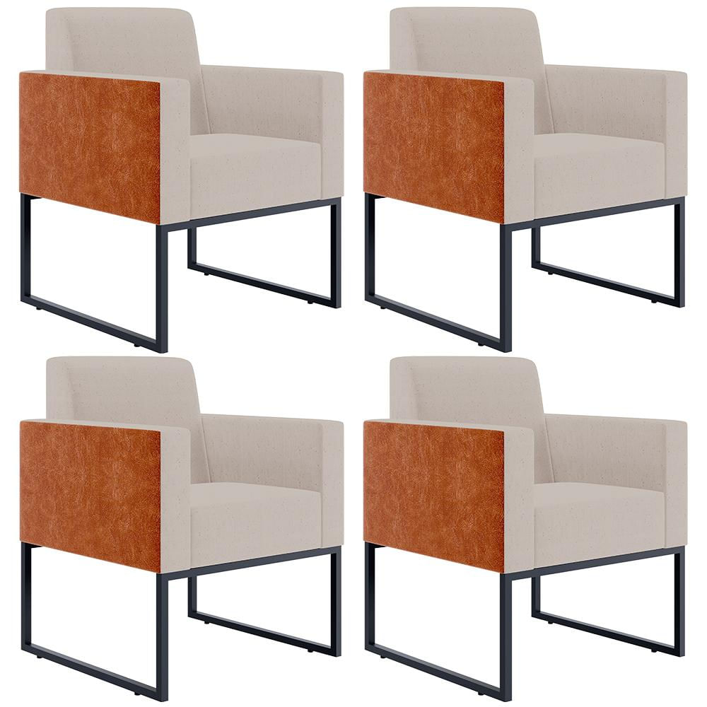 Kit 04 Poltronas Decorativas Sala Base Fixa Metal Helô L02 Linho Bege Couríssimo Camel - Lyam Decor