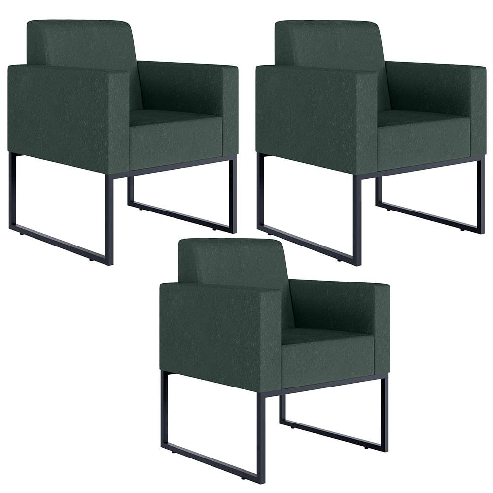 Kit 03 Poltronas Decorativa Sala Recepção Base Fixa De Metal Helô L02 Linho Verde Musgo - Lyam Decor