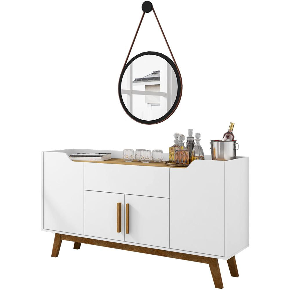 Aparador Buffet Sala de Jantar Future B02 Branco Cinamomo com Espelho Adnet 54 cm Preto - Lyam Decor