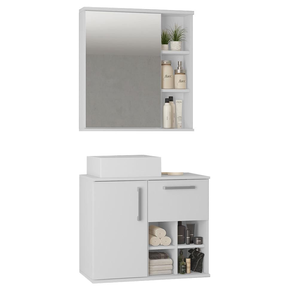 Conjunto Para Banheiro Gabinete 01 Gaveta Com Cuba E Armário Aéreo Bia B06 Branco - Lyam Decor