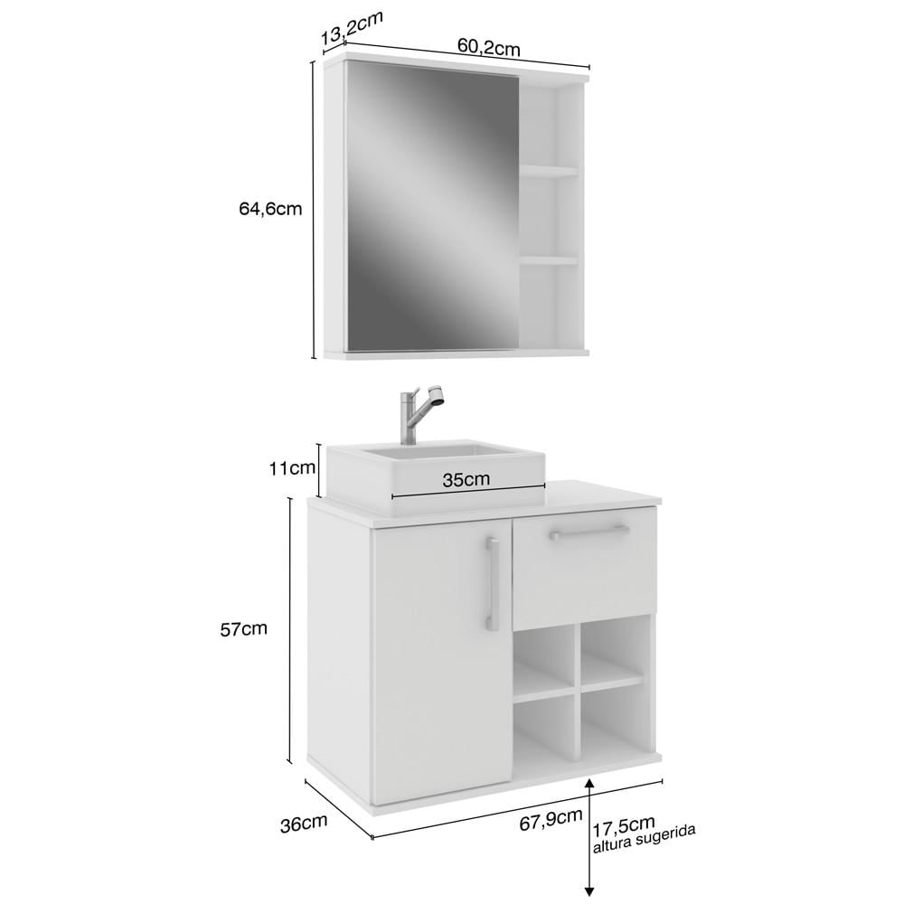 Conjunto Para Banheiro Gabinete 01 Gaveta Com Cuba E Armário Aéreo Bia B06 Branco - Lyam Decor