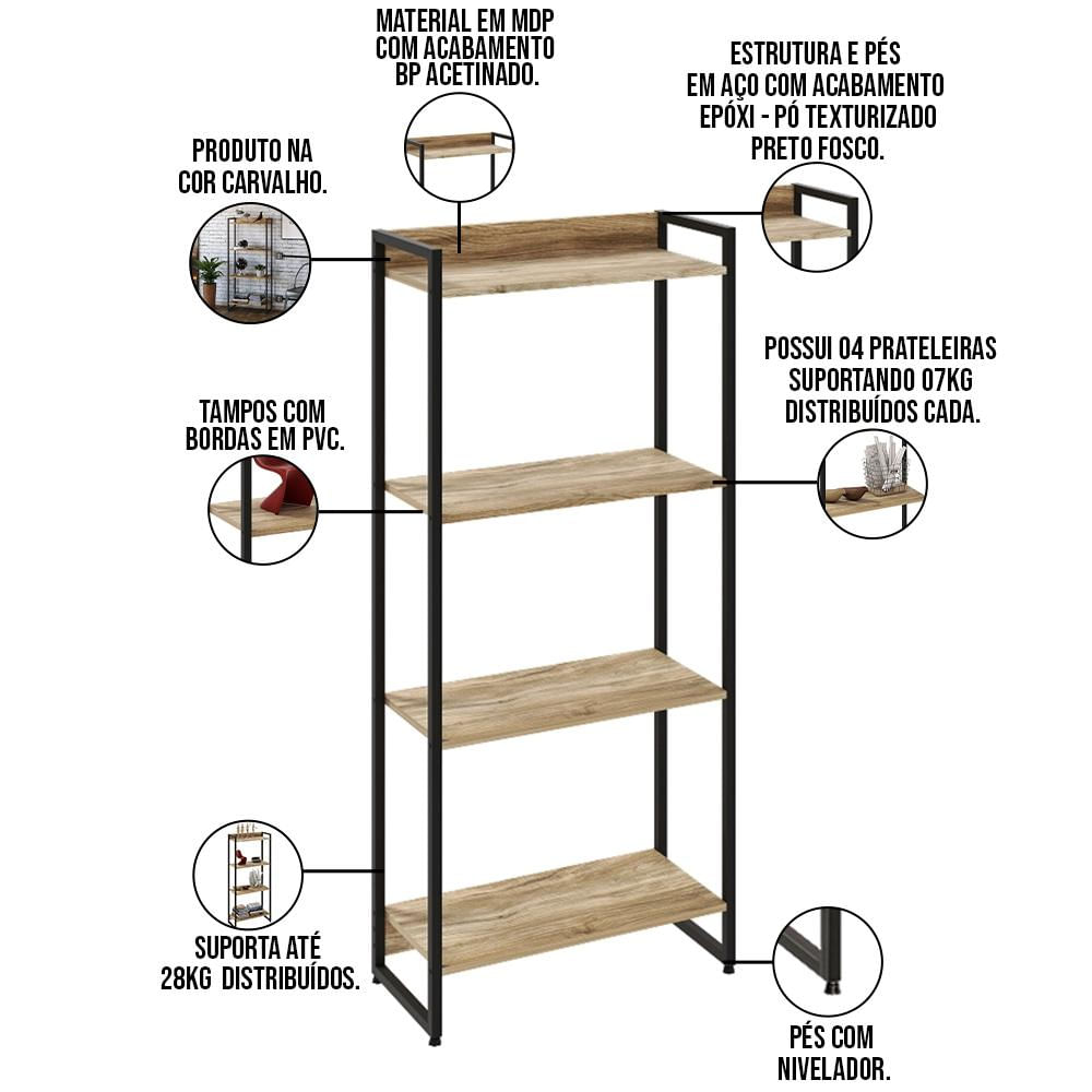 Kit 2 Estantes Multiuso Escritório Industrial 4 Prateleiras Areta 145x60cm C01 Carvalho - Lyam Decor
