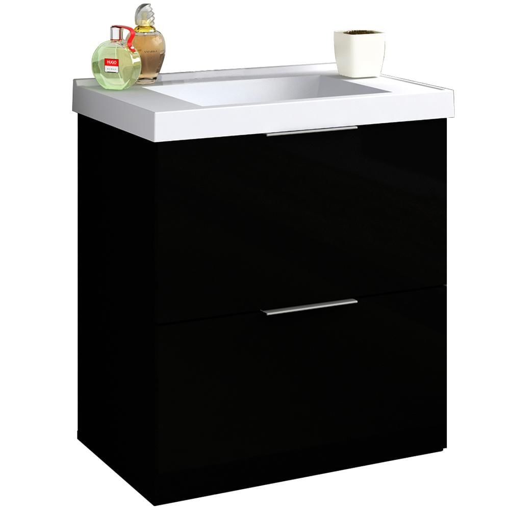 Conjunto Banheiro Gabinete 60cm Com Lavatório E Espelho Pietra B06 Preto Brilho - Lyam Decor