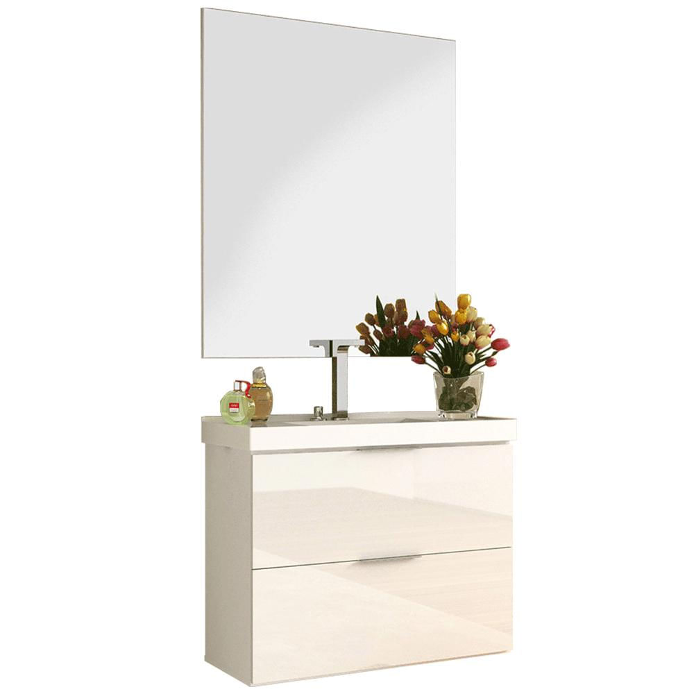 Conjunto Banheiro Gabinete 80cm Com Lavatório E Espelho Pietra B06 Branco Brilho - Lyam Decor