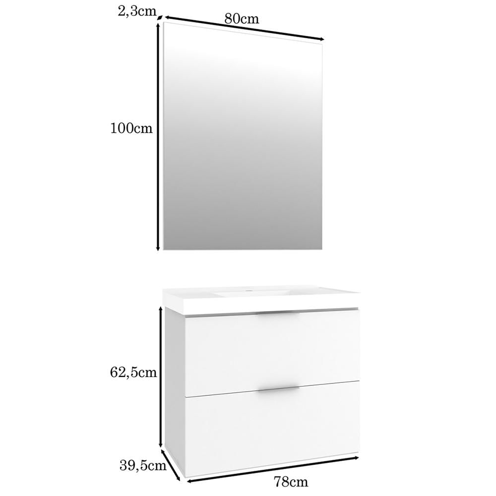 Conjunto Banheiro Gabinete 80cm Com Lavatório E Espelho Pietra B06 Branco Brilho - Lyam Decor