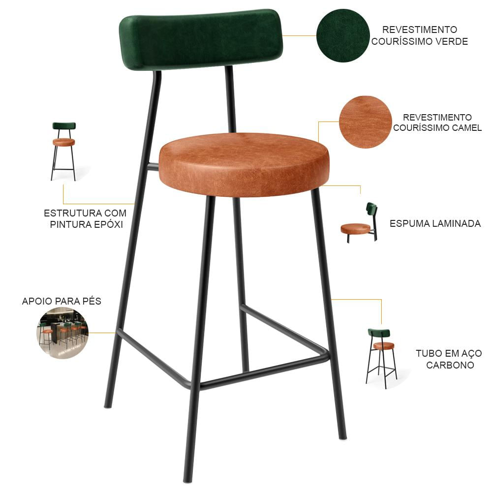 Banqueta Baixa Cozinha Sala Jantar Bancada Milão L02 Facto Verde Musgo Camel - Lyam Decor