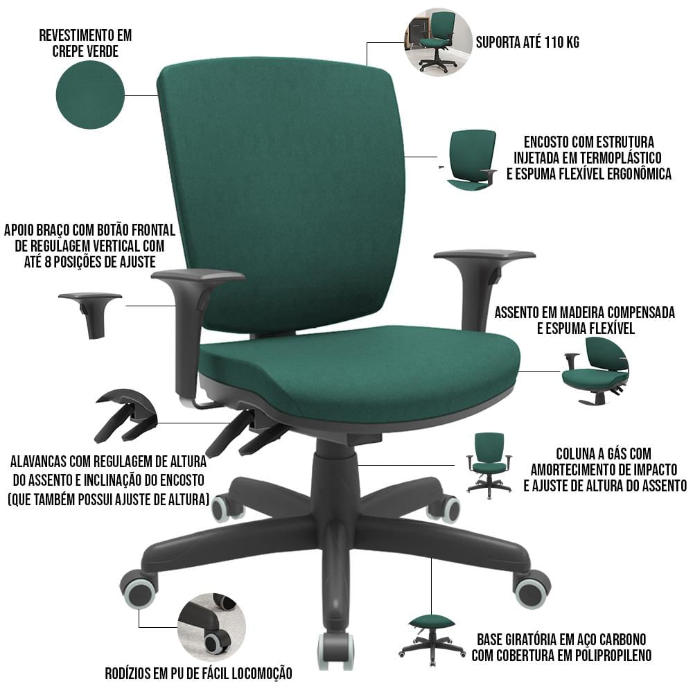 Cadeira de Escritório Diretor Office Base Giratória Preto Alta Flexi P03 Poliéster Verde - Lyam