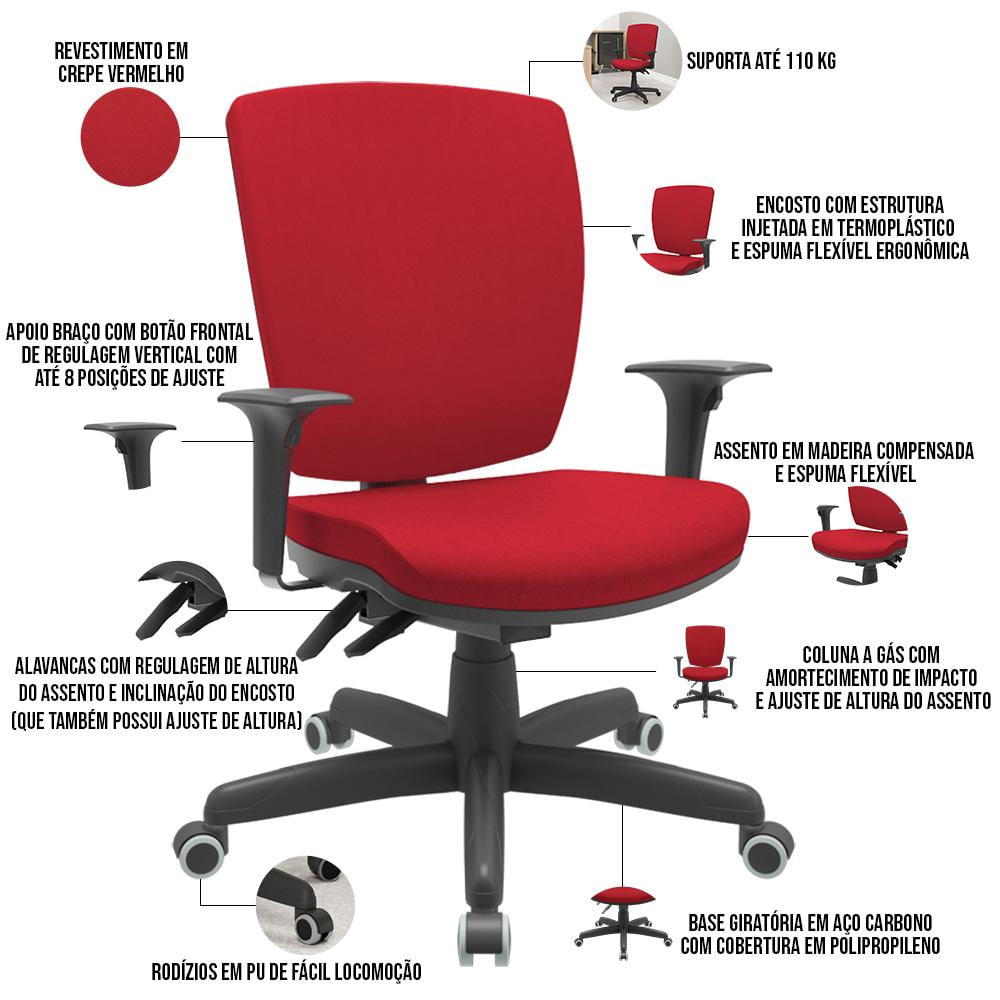 Cadeira de Escritório Diretor Office Base Giratória Preto Alta Flexi P03 Poliéster Vermelho - Lyam