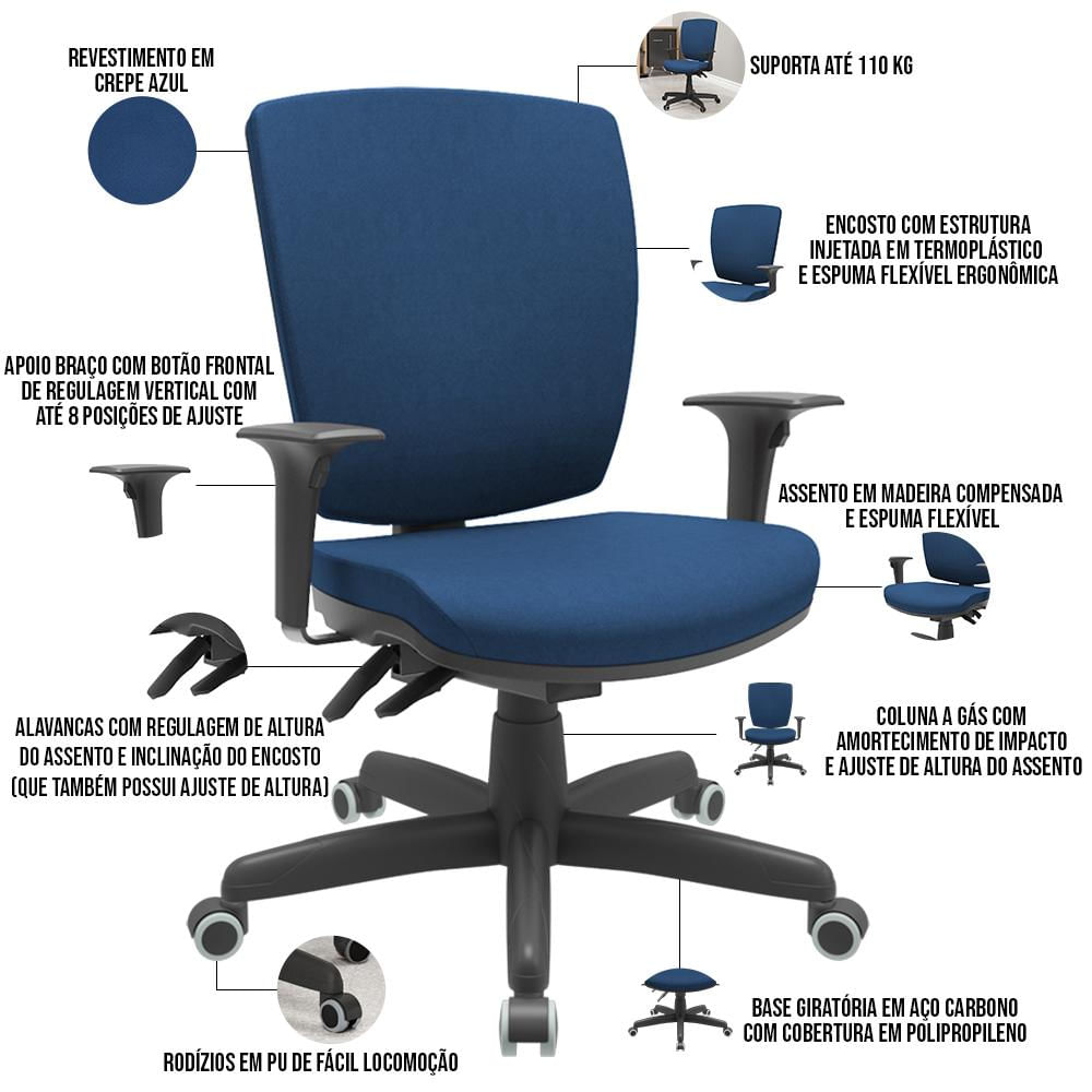 Cadeira de Escritório Diretor Office Base Giratória Preto Alta Flexi P03 Poliéster Azul - Lyam