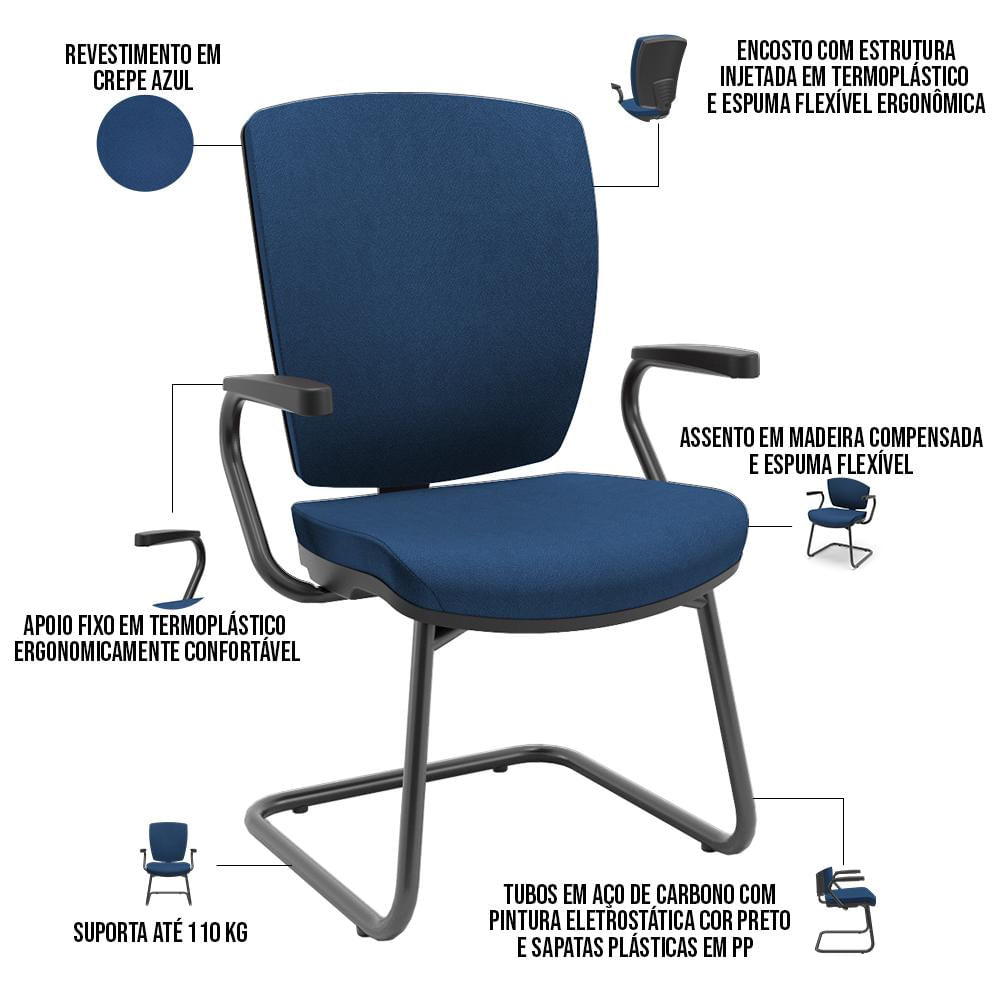 Cadeira de Escritório Fixa Executiva Office Preto Slim Alta Flexi P03 Poliéster Azul - Lyam