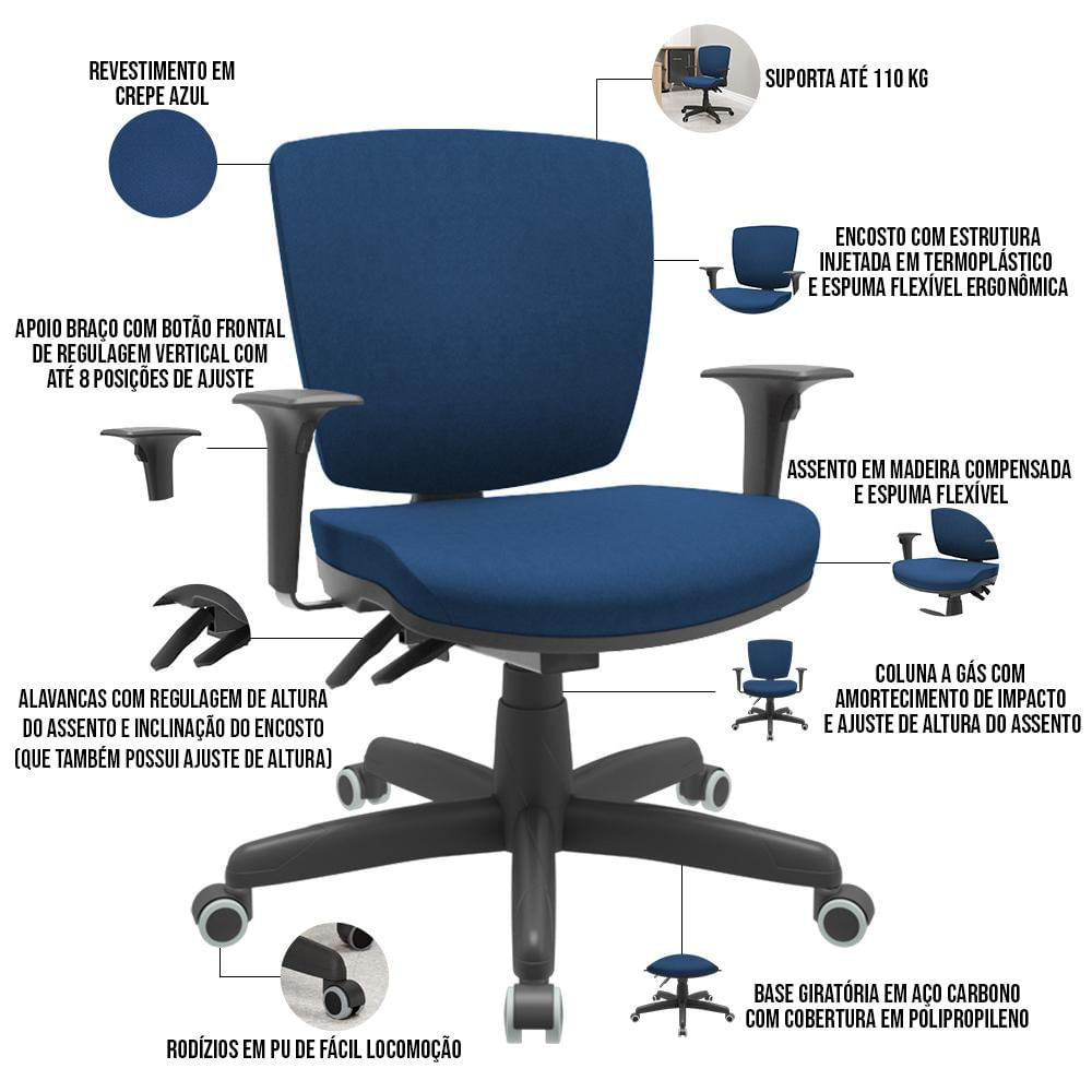 Cadeira de Escritório Executiva Office Base Giratória Preto Baixa Flexi P03 Poliéster Azul - Lyam