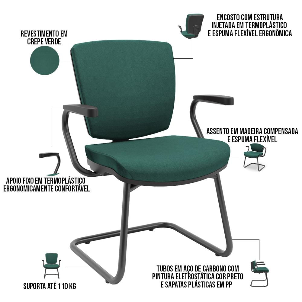 Cadeira de Escritório Fixa Executiva Office Preto Slim Baixa Flexi P03 Poliéster Verde - Lyam