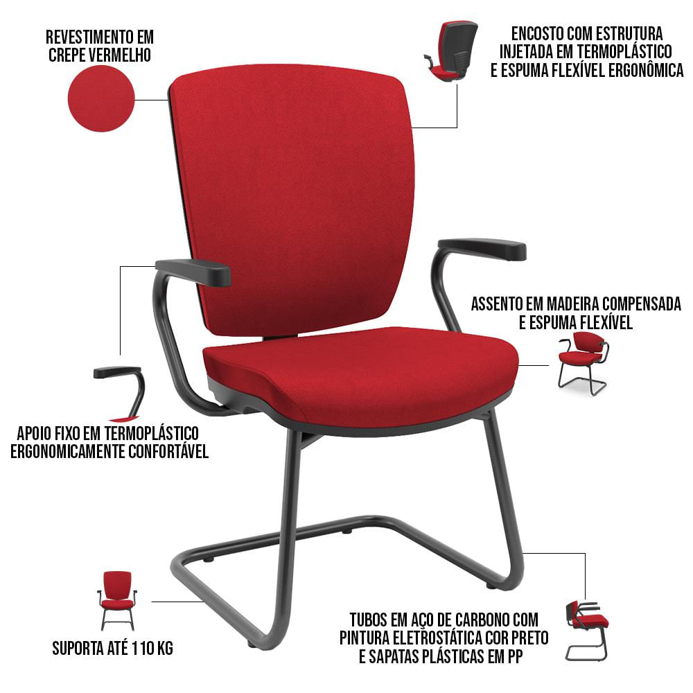 Cadeira de Escritório Fixa Executiva Office Preto Slim Alta Flexi P03 Poliéster Vermelho - Lyam