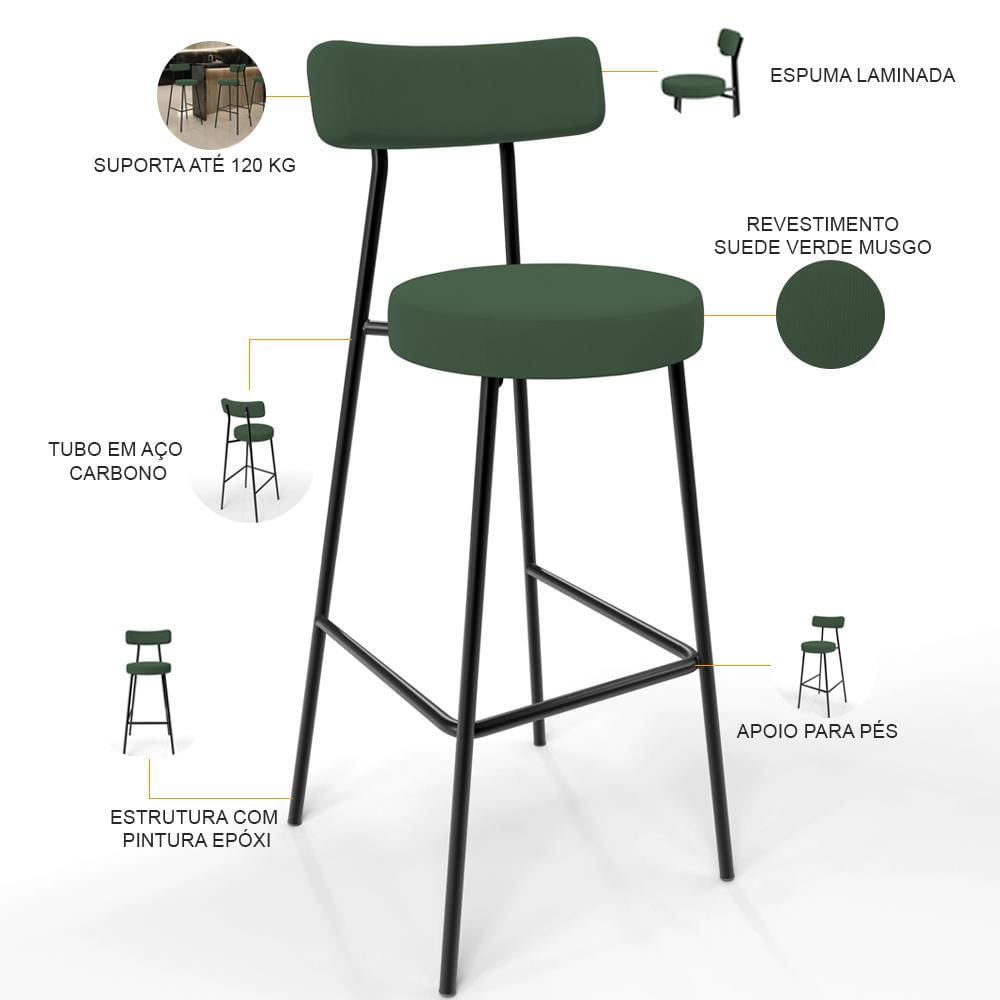 Banqueta Baixa Bar Cozinha Sala De Jantar Estrutura Em Aço Milão L02 Suede Verde Musgo - Lyam Decor