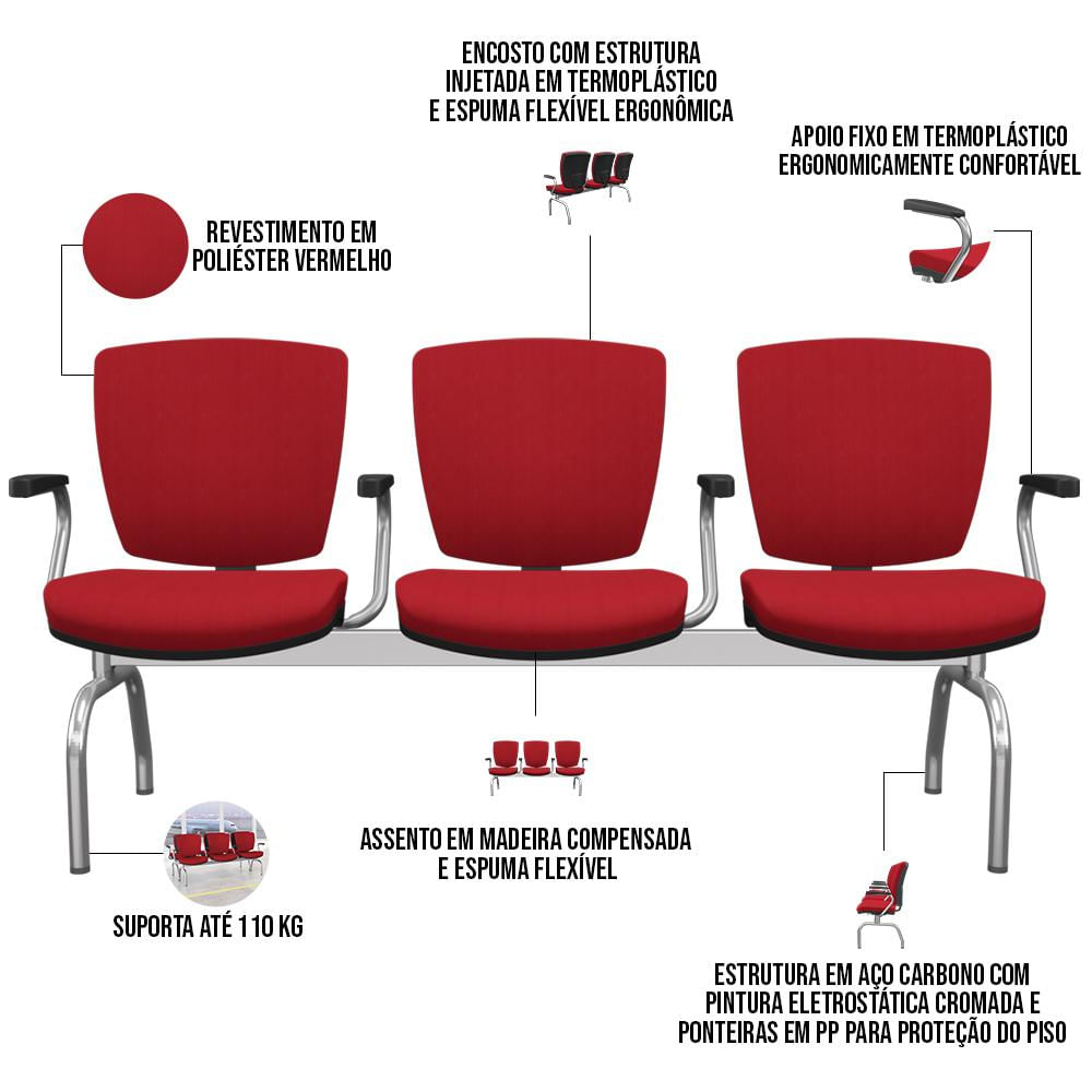 Cadeira Longarina 3 Lugares Aeroporto Recepção Cromado Baixa Flexi P03 Poliéster Vermelho - Lyam