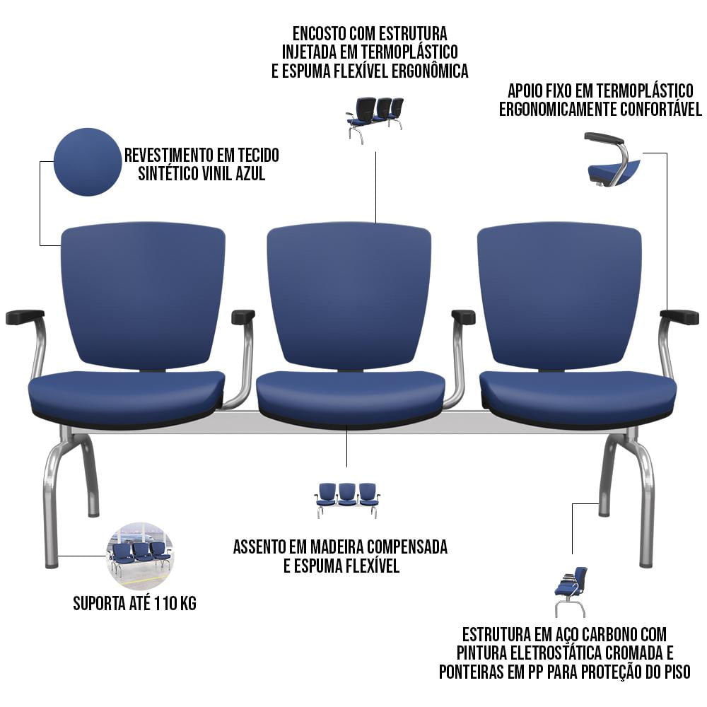Cadeira Longarina 3 Lugares Aeroporto Recepção Cromado Baixa Flexi P03 Vinil Azul - Lyam