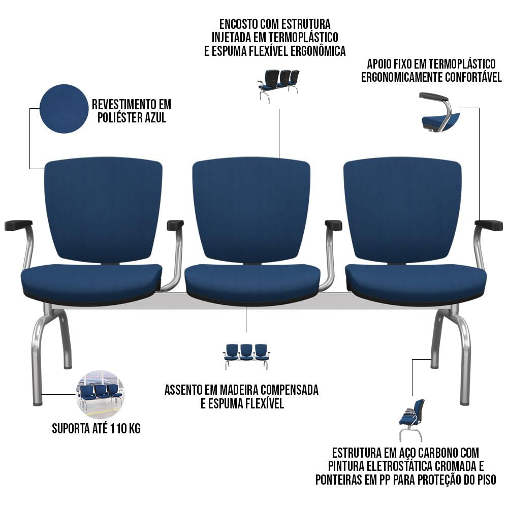 Cadeira Longarina 3 Lugares Aeroporto Recepção Cromado Baixa Flexi P03 Poliéster Azul - Lyam