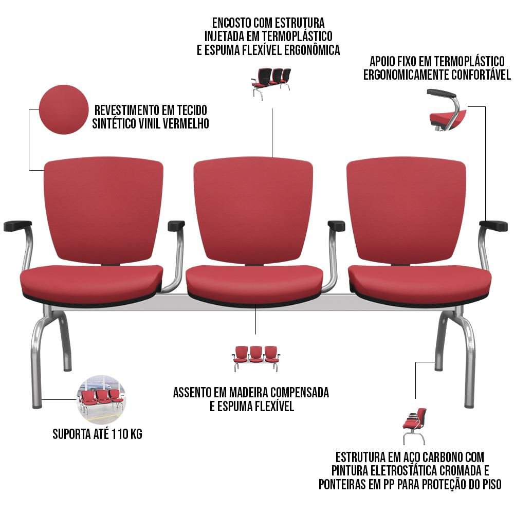 Cadeira Longarina 3 Lugares Aeroporto Recepção Cromado Baixa Flexi P03 Vinil Vermelho - Lyam