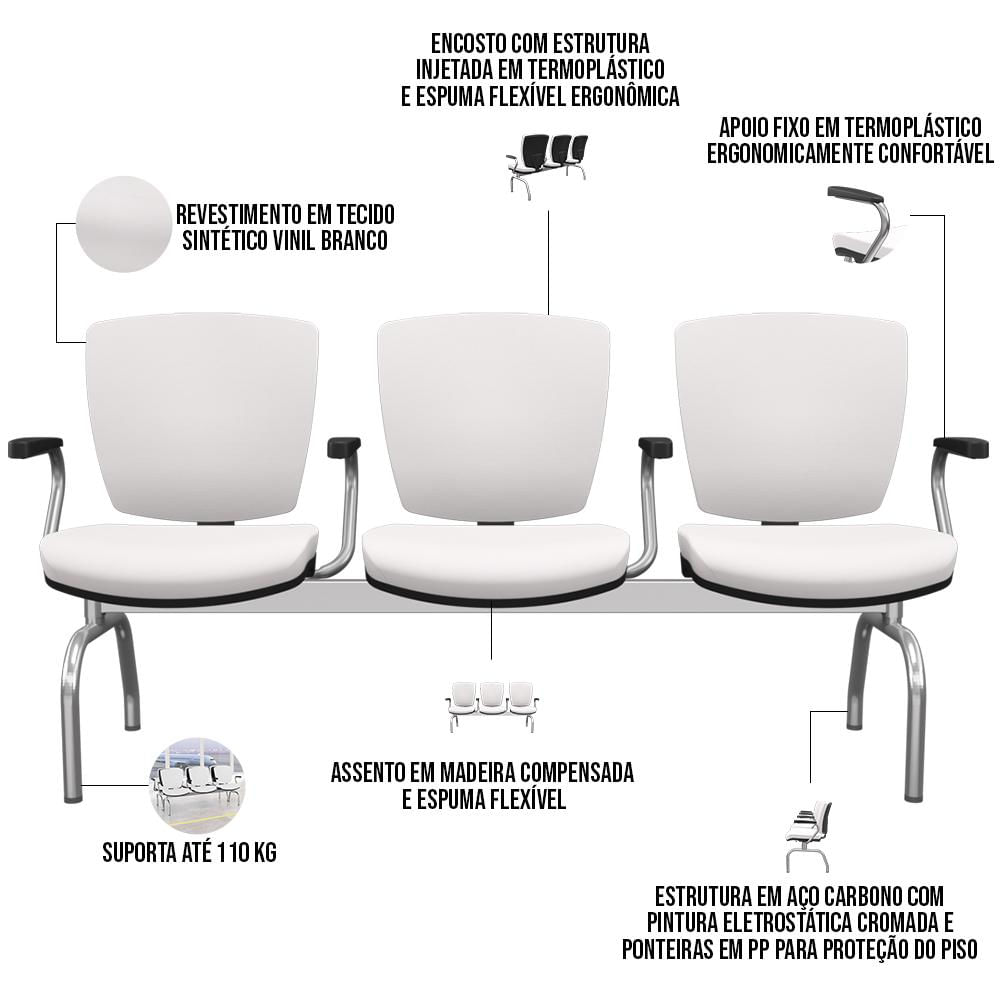 Cadeira Longarina 3 Lugares Aeroporto Recepção Cromado Baixa Flexi P03 Vinil Branco - Lyam