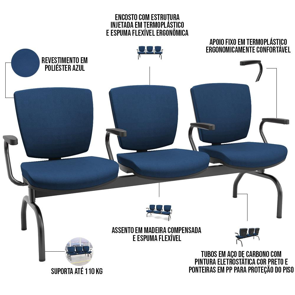Cadeira Longarina 3 Lugares Aeroporto Recepção Preto Baixa Flexi P03 Poliéster Azul - Lyam